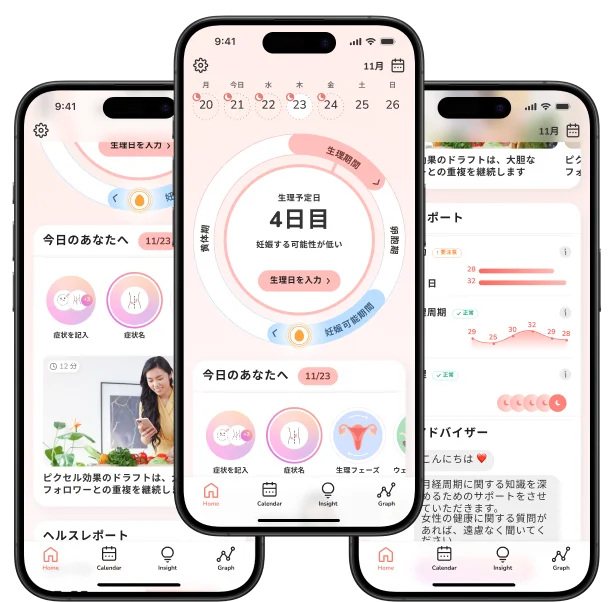 Moonlyアプリの画面。生理予定日のカレンダー、症状の記録、周期のヘルスレポート